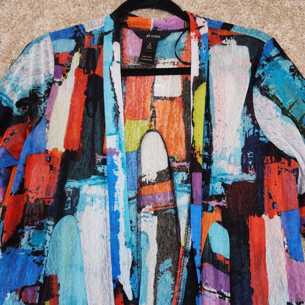 Ali Miles Cardigan Abstract Multicolor‎ Mesh Open Front Artistic Topper Size M - Picture 2 of 9